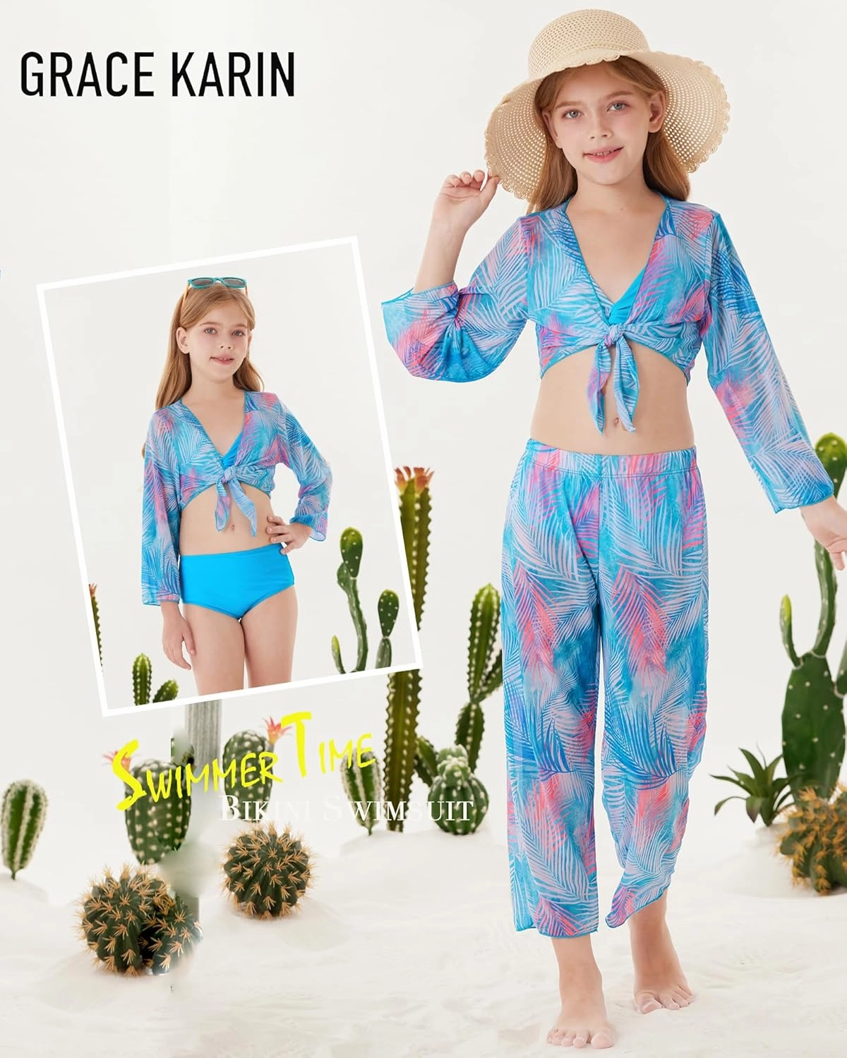 GRACE KARIN Teen Girls Bathing Suits Kids 4 Piece Long Sleeve Swimsuit Kimono Up Pants Bikini Tankini Set Swimwear