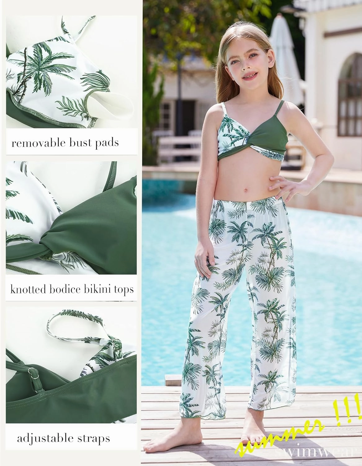 GRACE KARIN Teen Girls Bathing Suits Kids 4 Piece Long Sleeve Swimsuit Kimono Up Pants Bikini Tankini Set Swimwear
