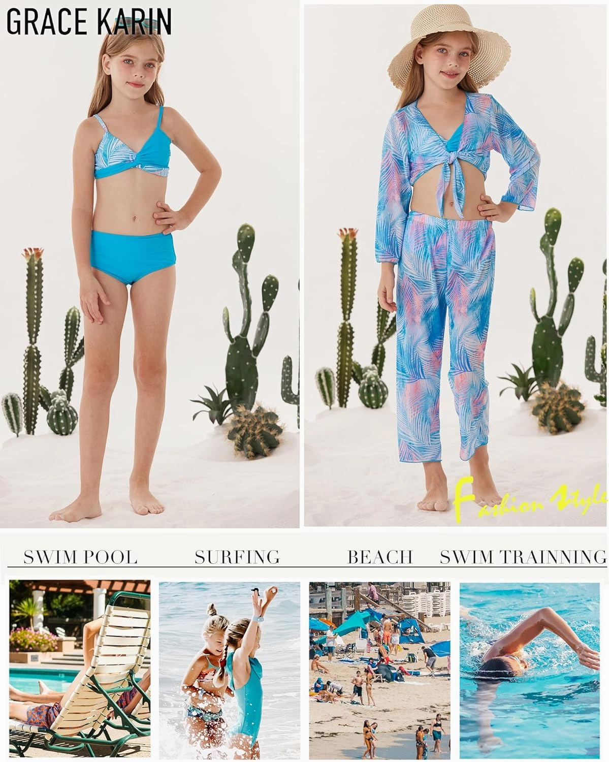GRACE KARIN Teen Girls Bathing Suits Kids 4 Piece Long Sleeve Swimsuit Kimono Up Pants Bikini Tankini Set Swimwear