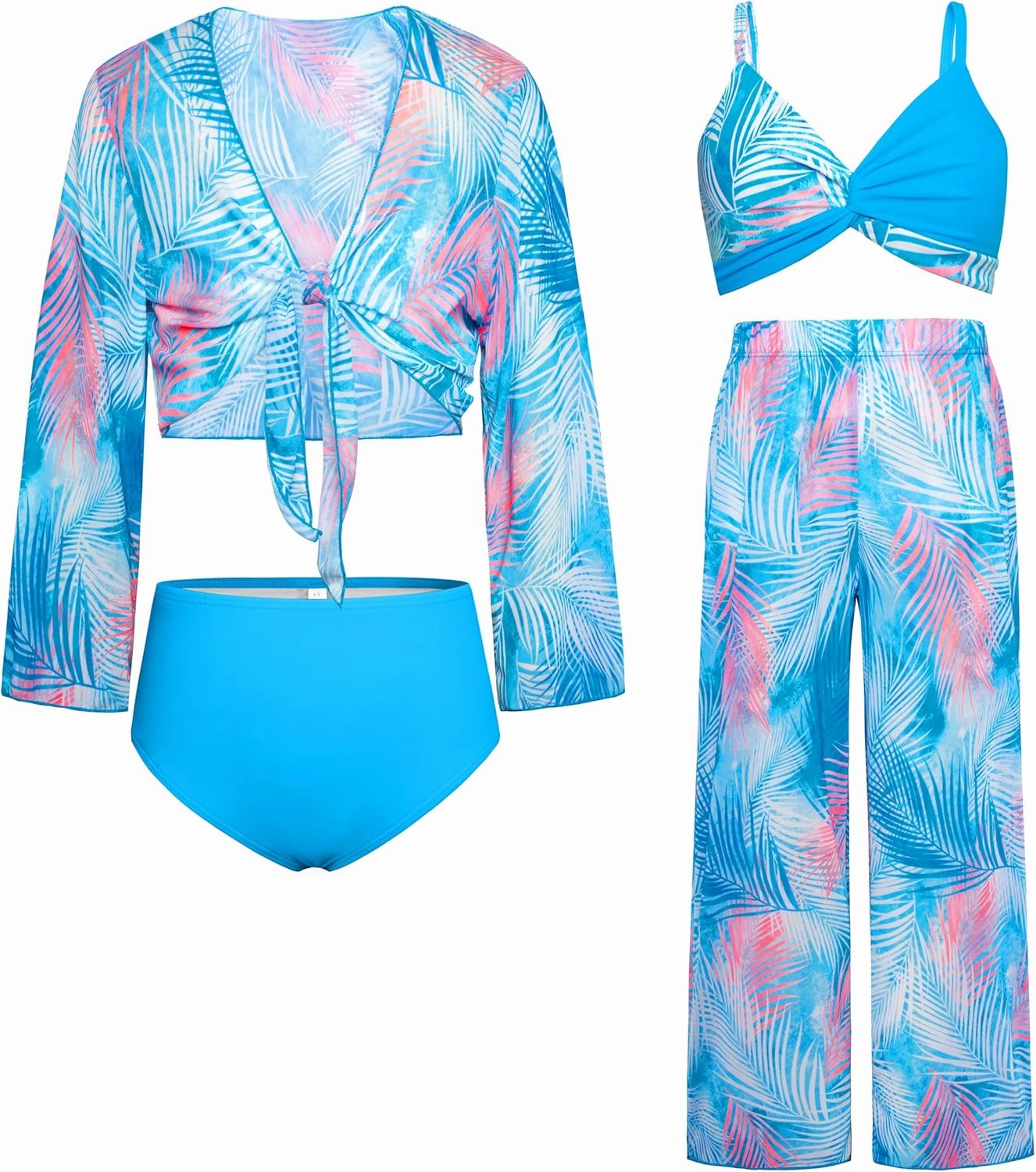 GRACE KARIN Teen Girls Bathing Suits Kids 4 Piece Long Sleeve Swimsuit Kimono Up Pants Bikini Tankini Set Swimwear