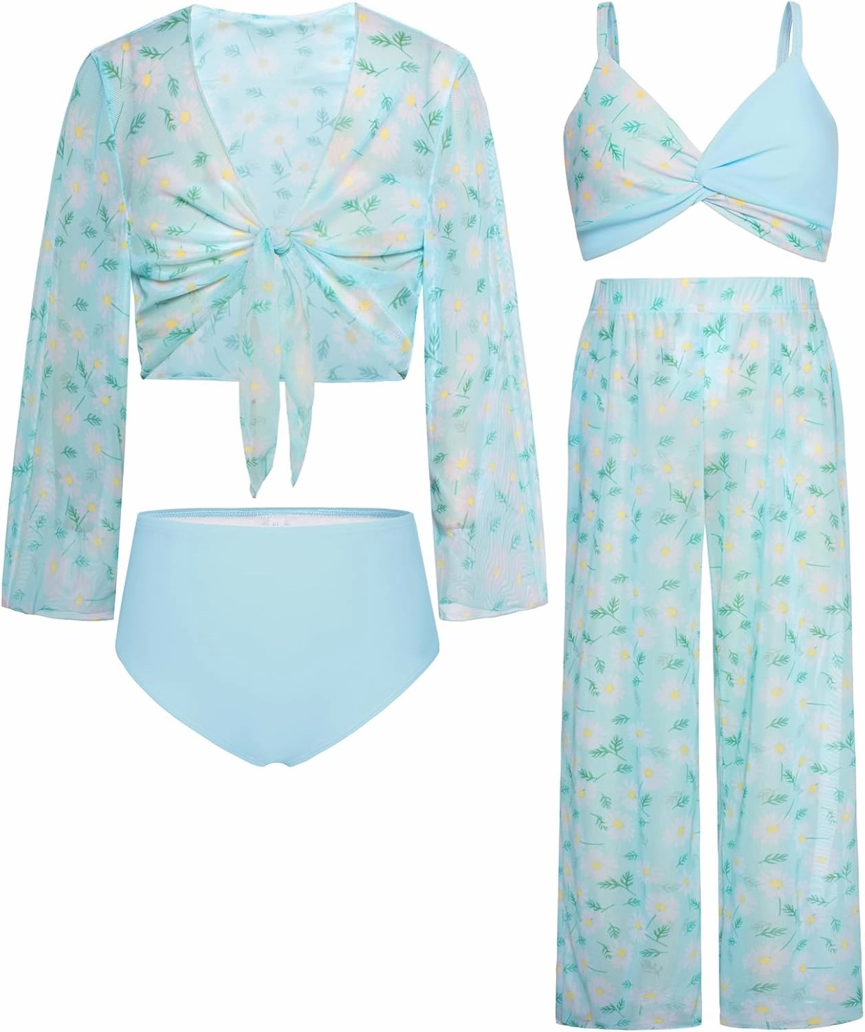 GRACE KARIN Teen Girls Bathing Suits Kids 4 Piece Long Sleeve Swimsuit Kimono Up Pants Bikini Tankini Set Swimwear