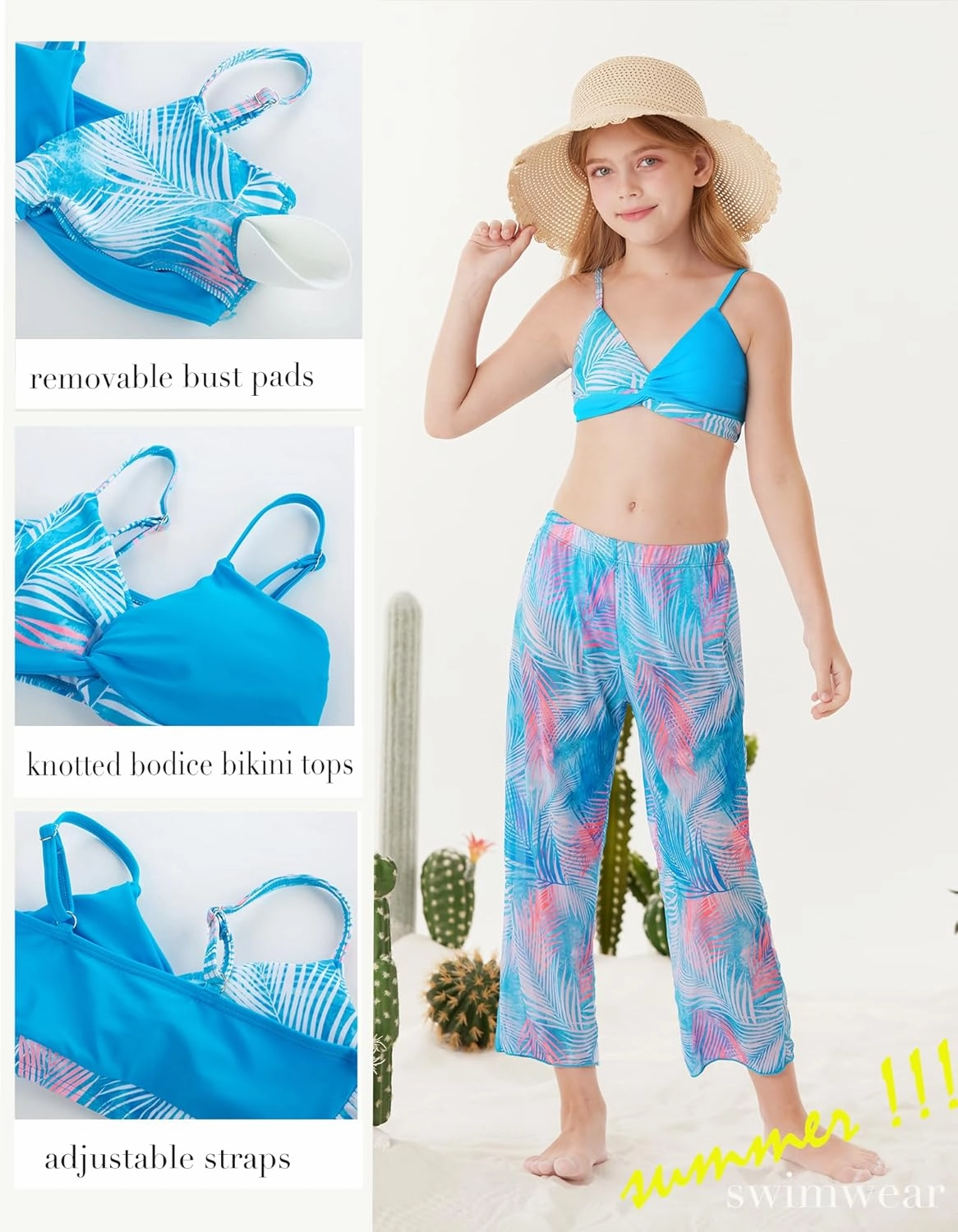 GRACE KARIN Teen Girls Bathing Suits Kids 4 Piece Long Sleeve Swimsuit Kimono Up Pants Bikini Tankini Set Swimwear