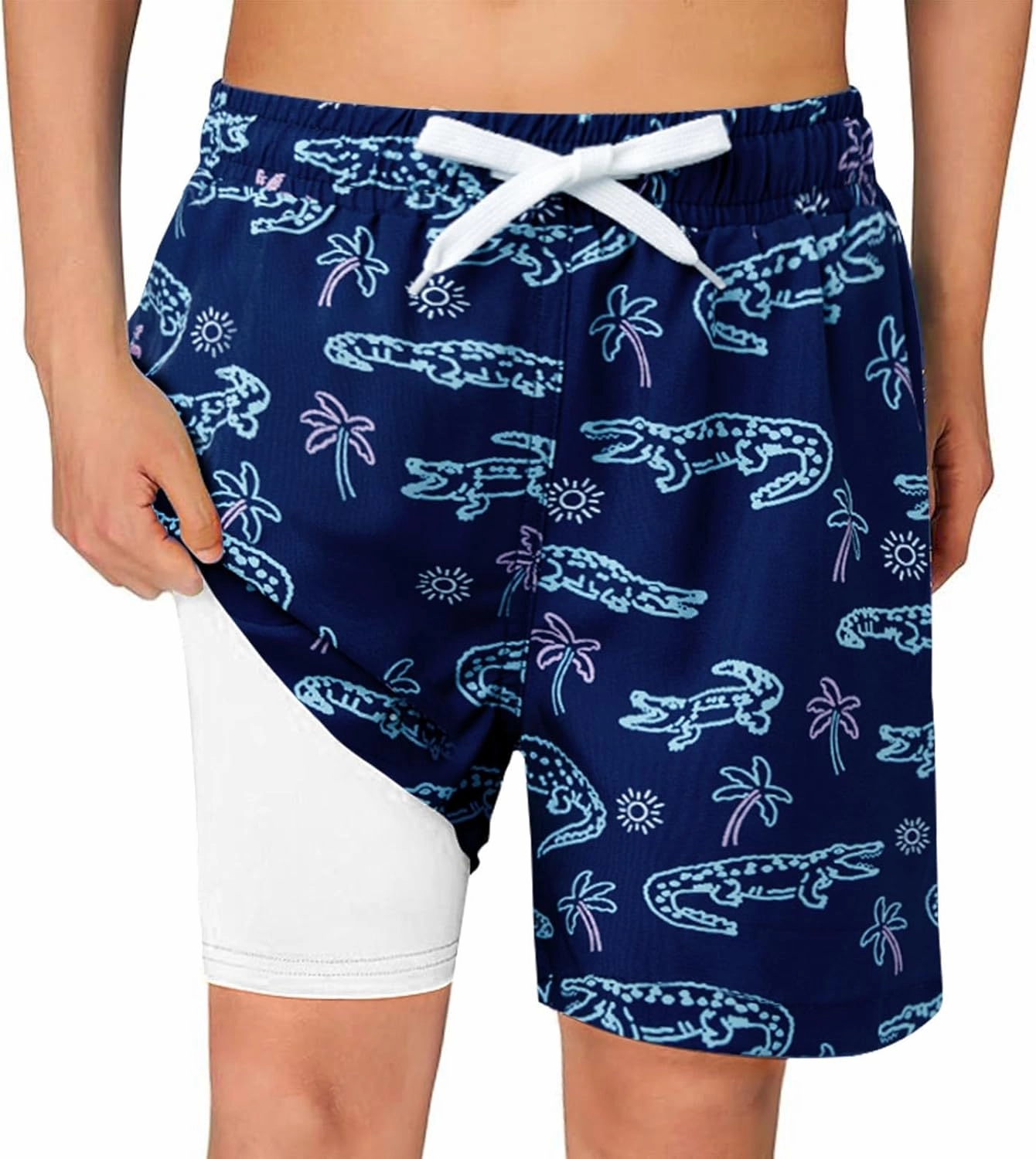 Haloumoning Boys Swim Trunks with Compression Liner Kids Drawstring Bathing Suit Quick Dry Swim Shorts 5-14 Years