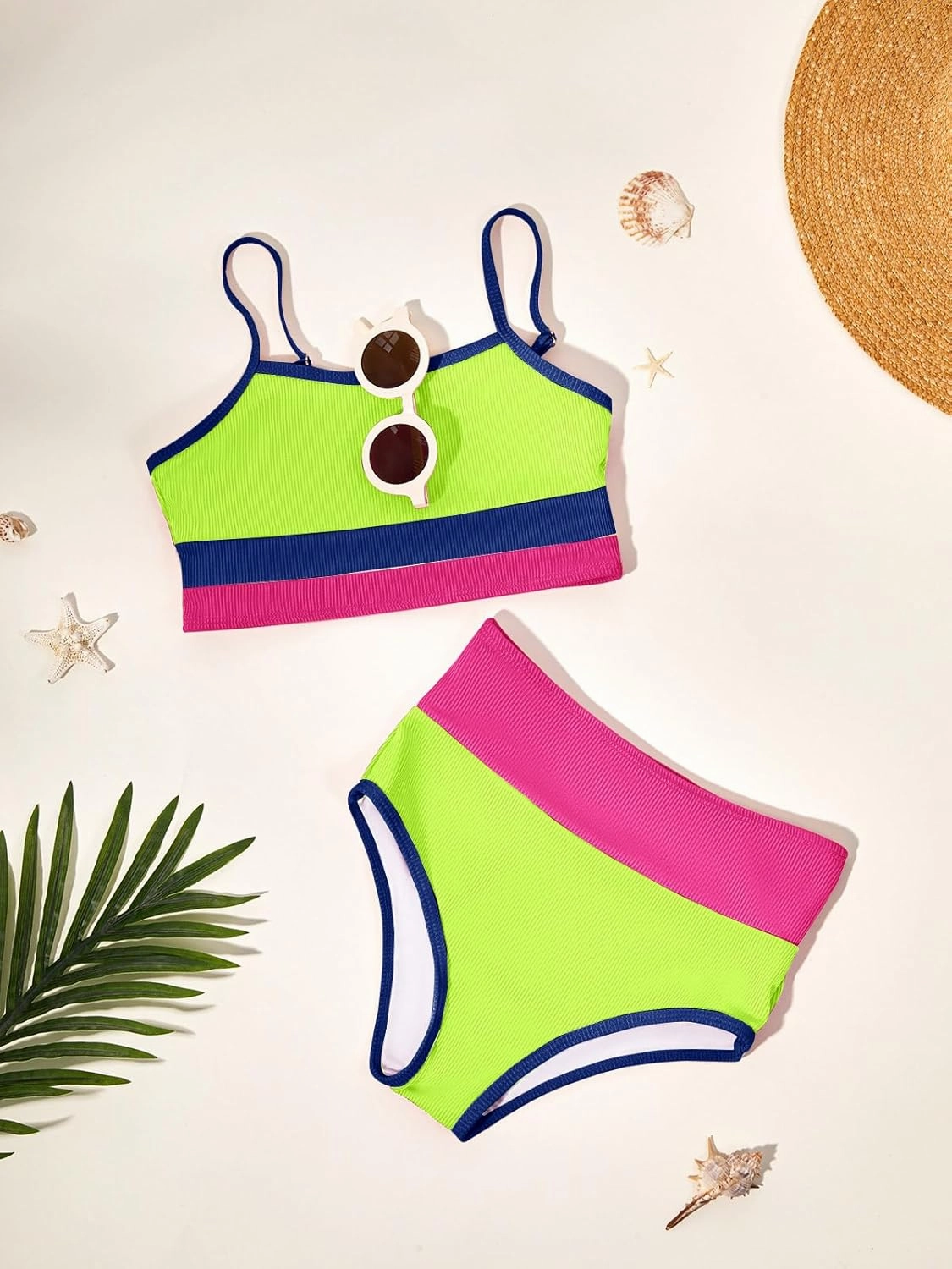 Haloumoning Girls Swimsuits Bikini Set Adjustable Straps Two Piece Color Block Girls' Swimwear with Chest Pad 5-14 Years