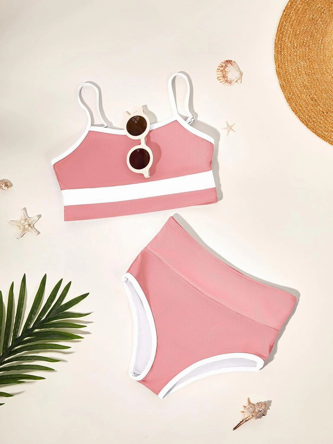 Haloumoning Girls Swimsuits Bikini Set Adjustable Straps Two Piece Color Block Girls' Swimwear with Chest Pad 5-14 Years