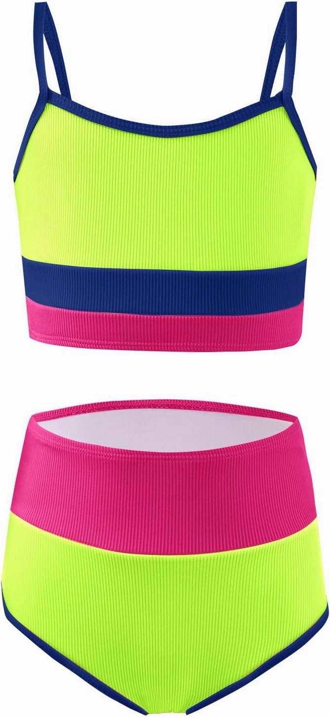 Haloumoning Girls Swimsuits Bikini Set Adjustable Straps Two Piece Color Block Girls' Swimwear with Chest Pad 5-14 Years