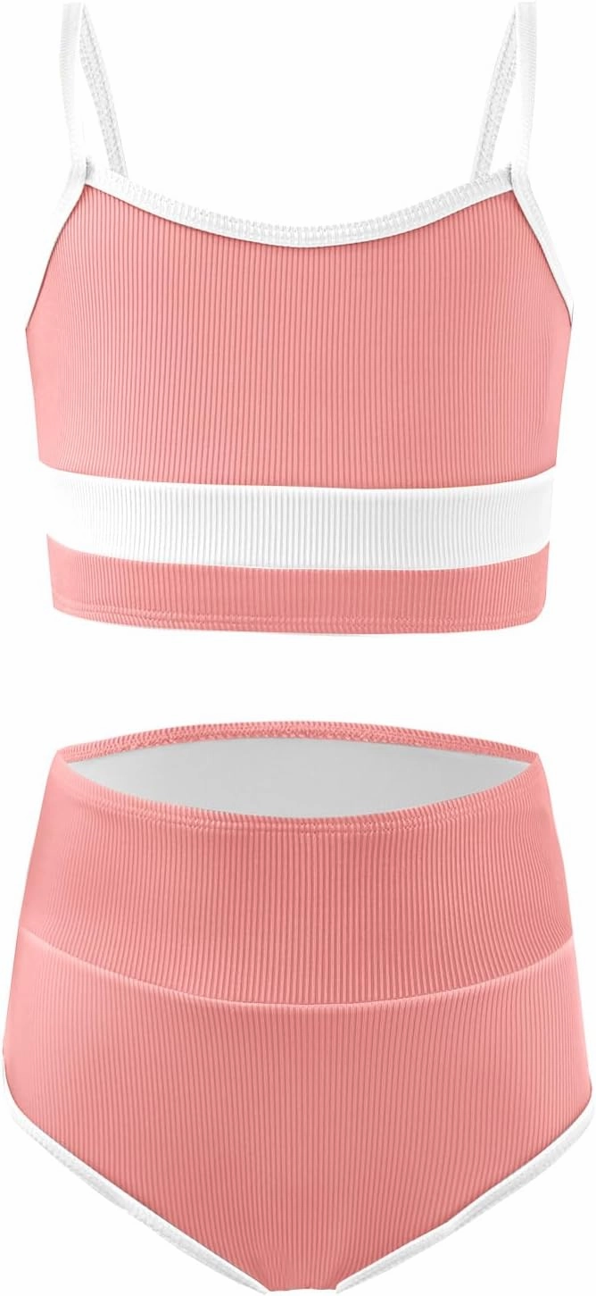 Haloumoning Girls Swimsuits Bikini Set Adjustable Straps Two Piece Color Block Girls' Swimwear with Chest Pad 5-14 Years