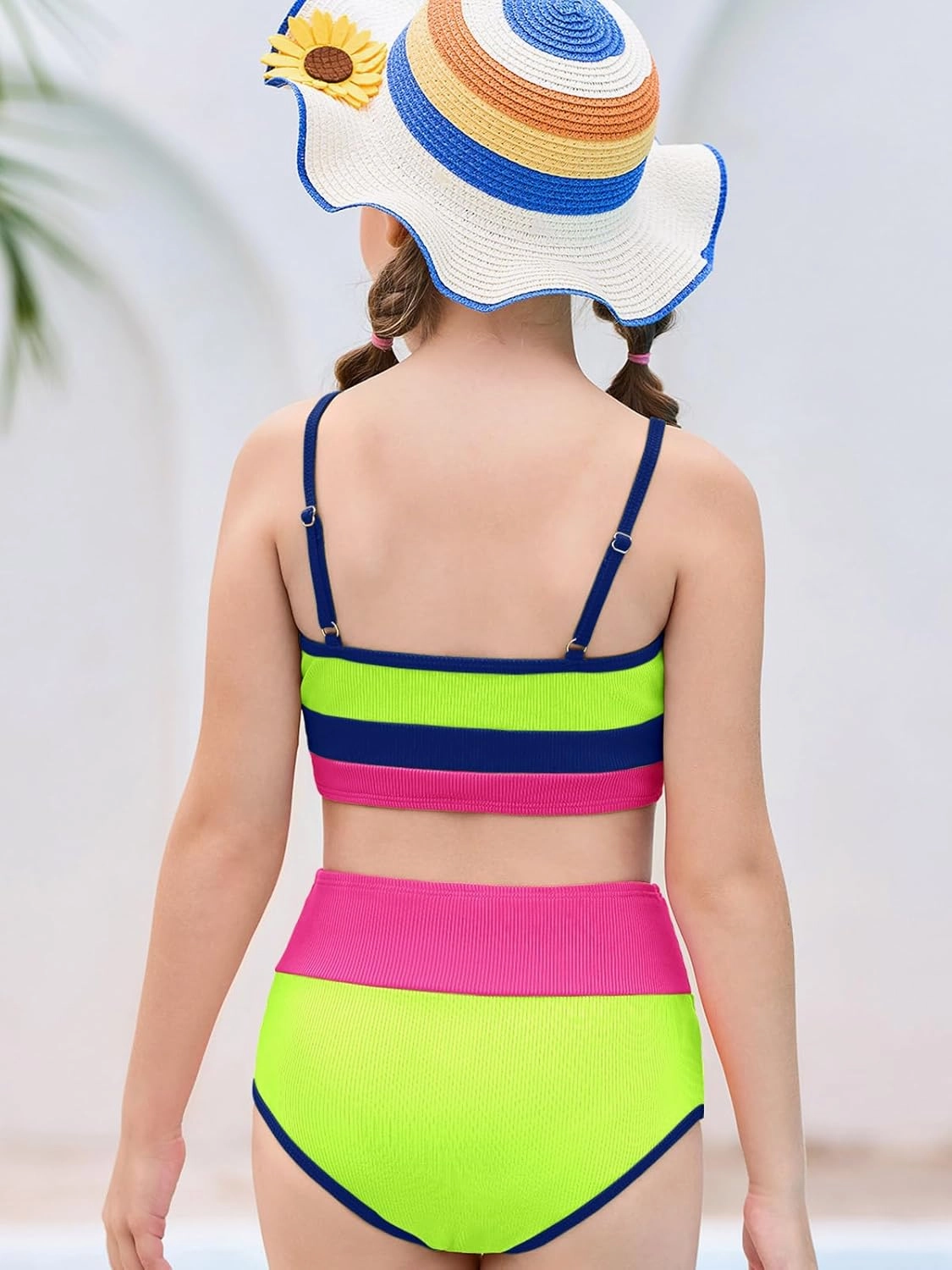 Haloumoning Girls Swimsuits Bikini Set Adjustable Straps Two Piece Color Block Girls' Swimwear with Chest Pad 5-14 Years