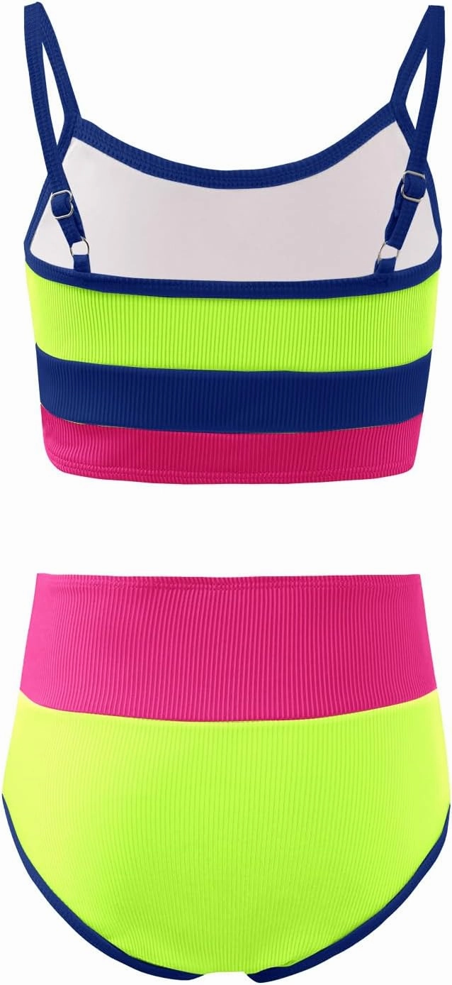 Haloumoning Girls Swimsuits Bikini Set Adjustable Straps Two Piece Color Block Girls' Swimwear with Chest Pad 5-14 Years