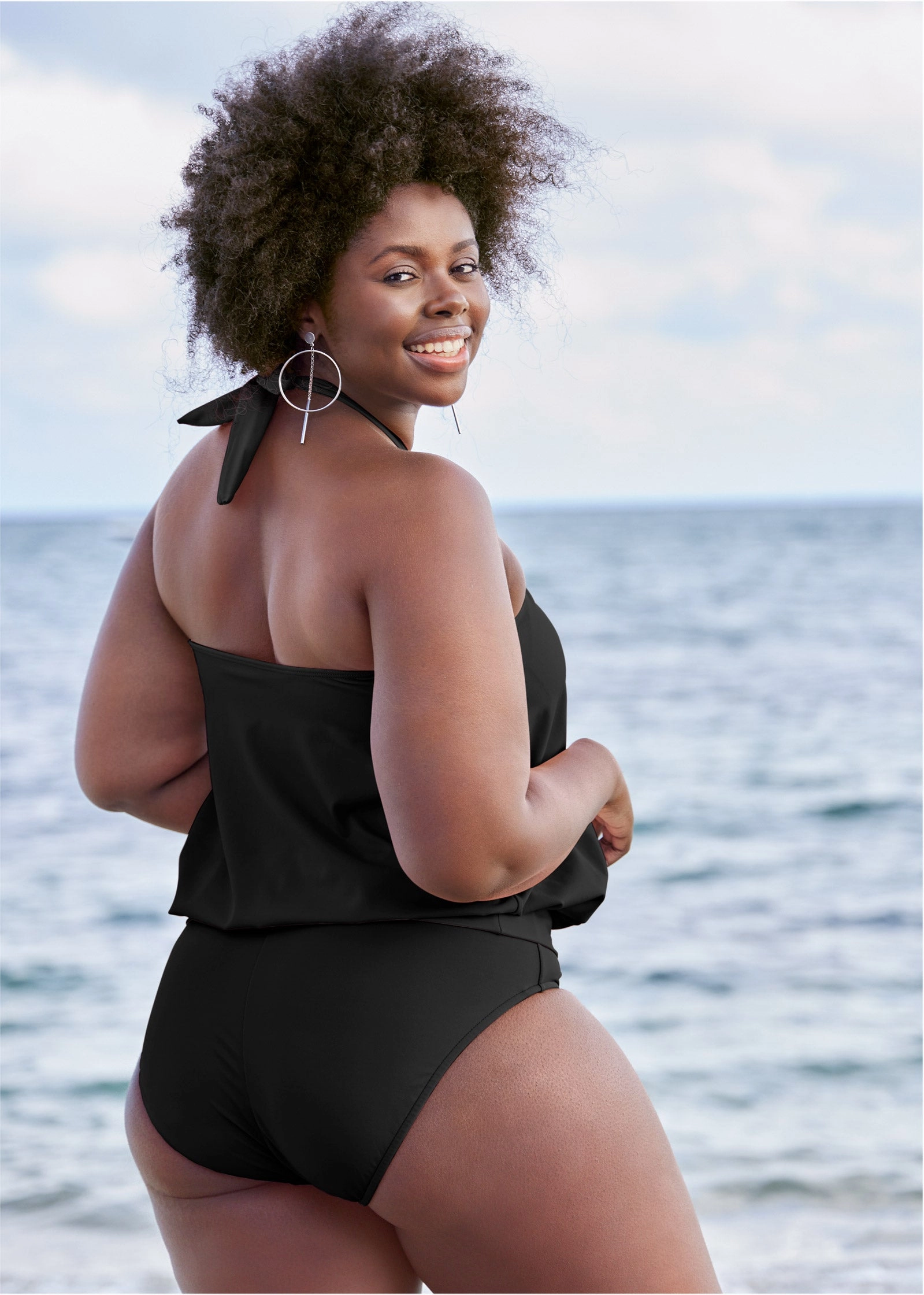 Halter Ring Blouson Tankini Top - Black Beauty