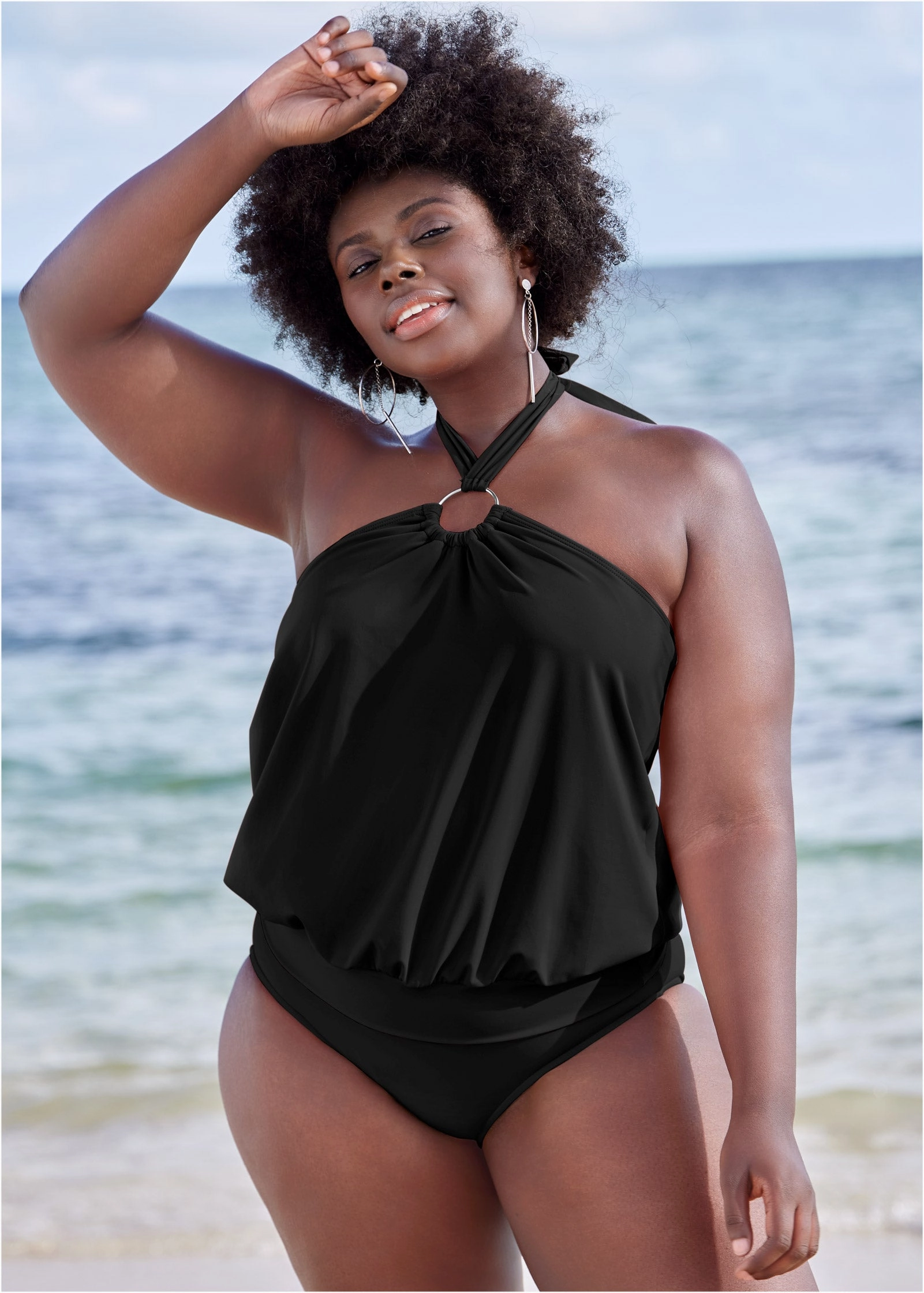 Halter Ring Blouson Tankini Top - Black Beauty