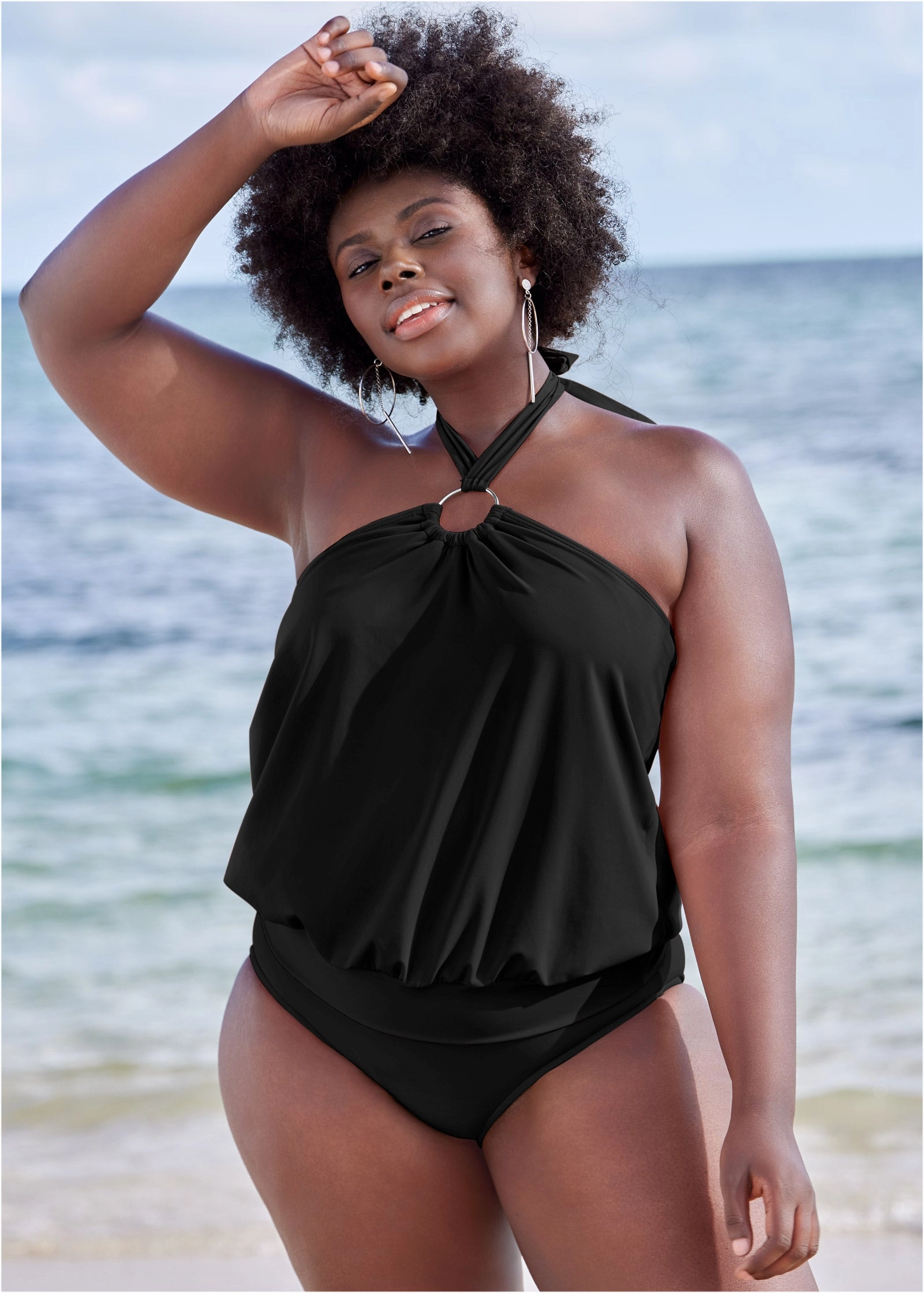 Halter Ring Blouson Tankini Top - Black Beauty