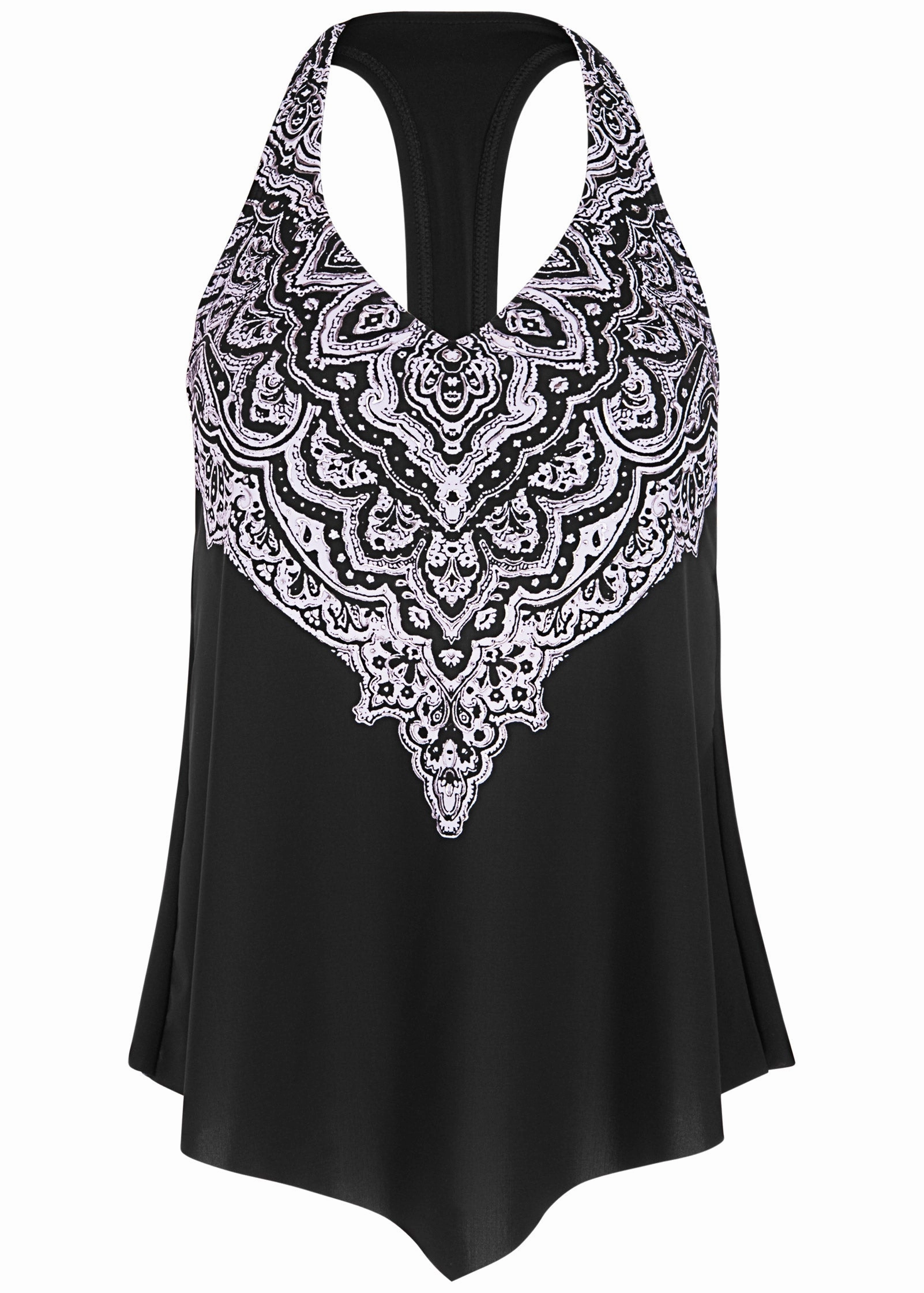 Handkerchief Tankini Top - White & Black Mosaic