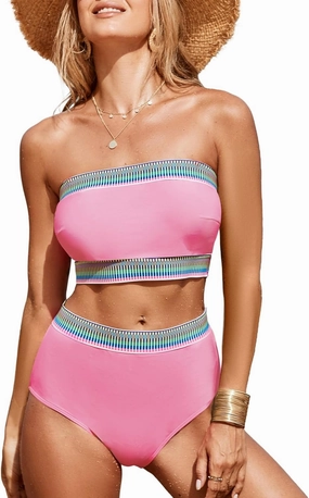 Herseas Women's 2 Pieces Bandeau Bikini Color Block Swimsuits 2025 Summer Off Shoulder High Waisted Bathing Suit