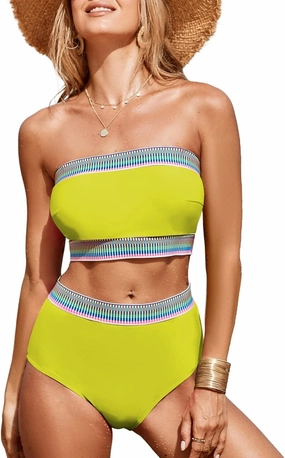 Herseas Women's 2 Pieces Bandeau Bikini Color Block Swimsuits 2025 Summer Off Shoulder High Waisted Bathing Suit