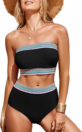 Herseas Women's 2 Pieces Bandeau Bikini Color Block Swimsuits 2025 Summer Off Shoulder High Waisted Bathing Suit