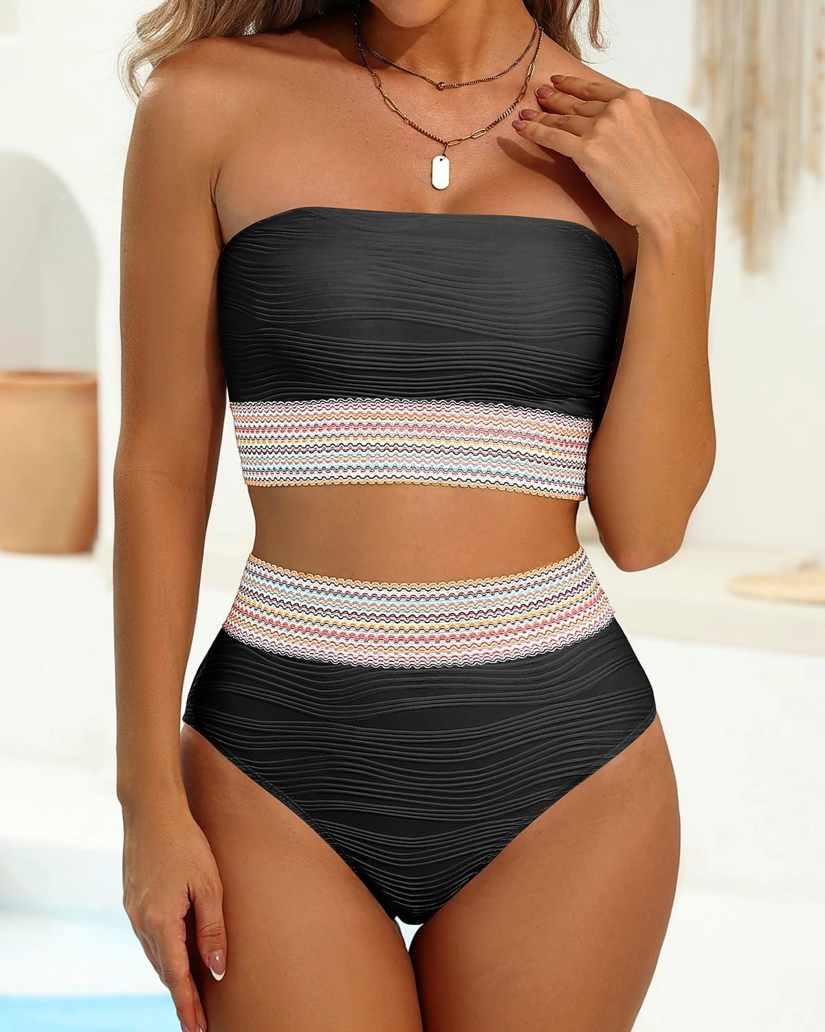 High Waisted Bandeau Bikini Set - Women Strapless Two Piece Swimsuits Ribbed Longline Full Coverage Bathing Suits Swimwear