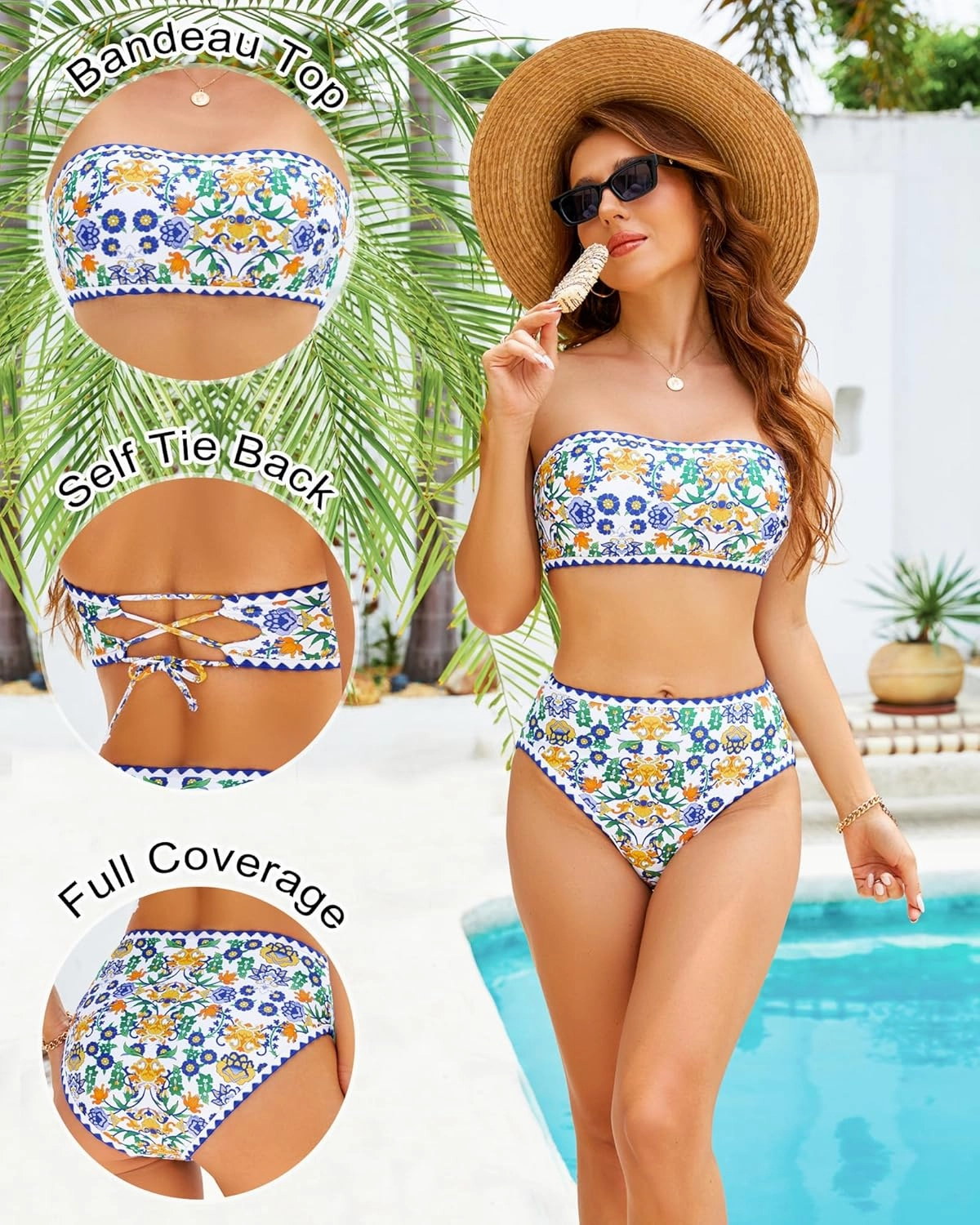 High Waisted Bikini Sets for Women Two Piece Swimsuits Floral Bathing Suits Tummy Control Bandeau Modest Swim Suits
