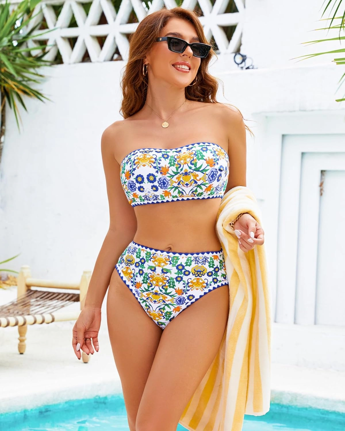 High Waisted Bikini Sets for Women Two Piece Swimsuits Floral Bathing Suits Tummy Control Bandeau Modest Swim Suits