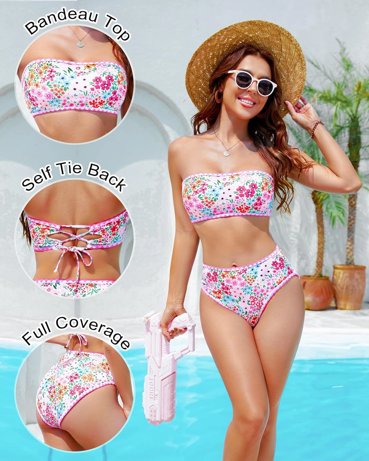 High Waisted Bikini Sets for Women Two Piece Swimsuits Floral Bathing Suits Tummy Control Bandeau Modest Swim Suits