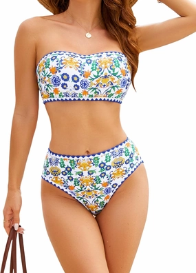 High Waisted Bikini Sets for Women Two Piece Swimsuits Floral Bathing Suits Tummy Control Bandeau Modest Swim Suits
