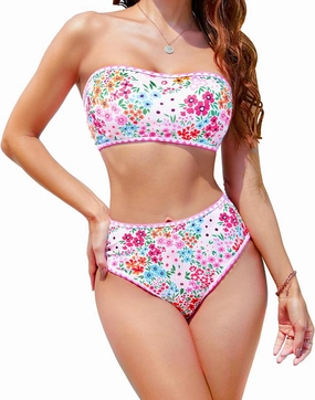 High Waisted Bikini Sets for Women Two Piece Swimsuits Floral Bathing Suits Tummy Control Bandeau Modest Swim Suits