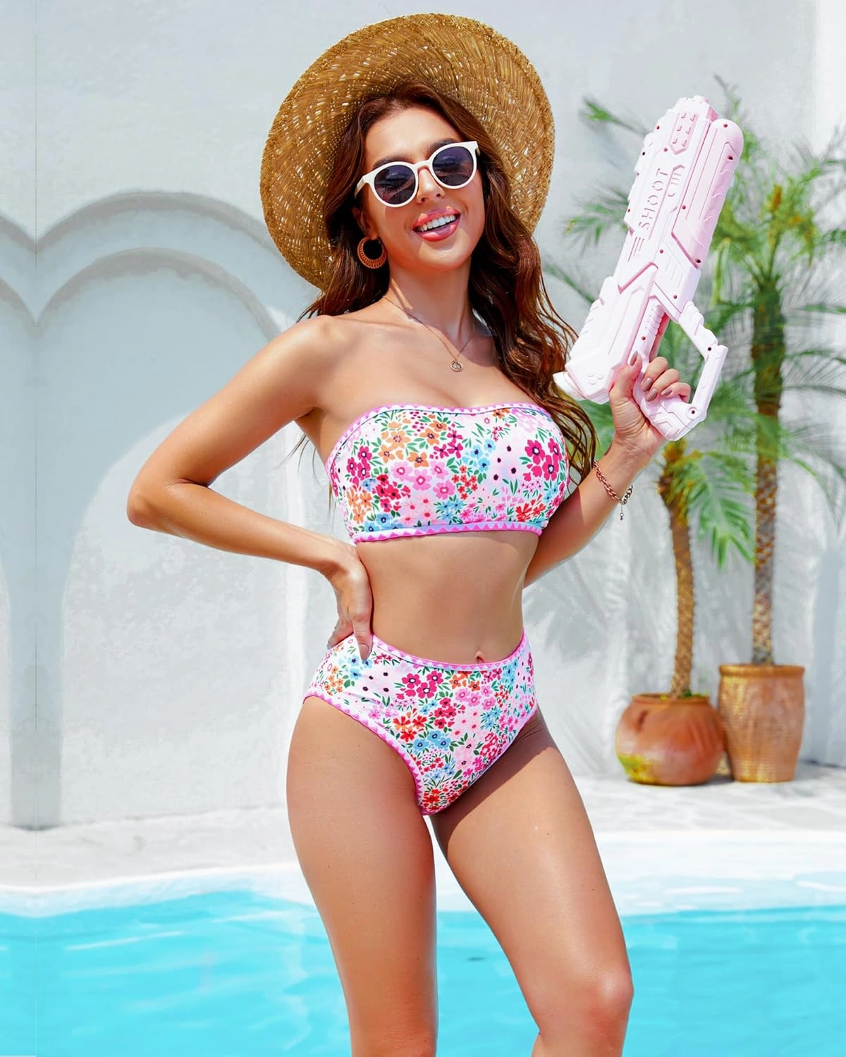 High Waisted Bikini Sets for Women Two Piece Swimsuits Floral Bathing Suits Tummy Control Bandeau Modest Swim Suits