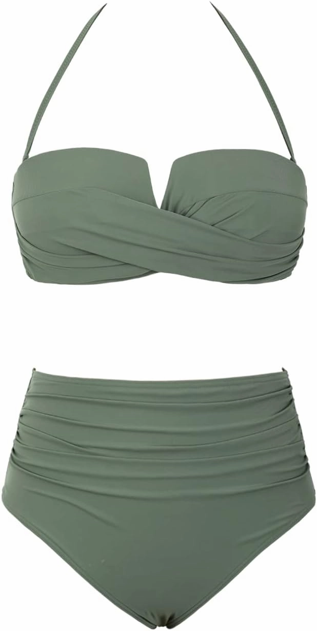 Hilor Bandeau Two Piece Bathing Suits for Women with Strap Retro High Waisted Swimsuits Sexy Push Up Bikini Swimwear