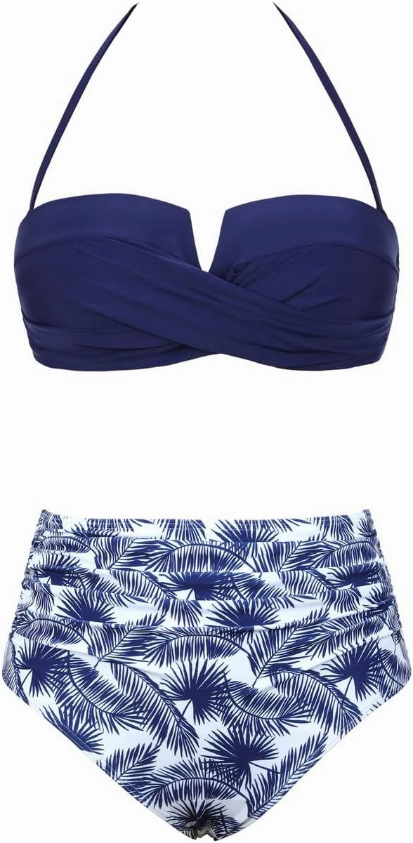 Hilor Bandeau Two Piece Bathing Suits for Women with Strap Retro High Waisted Swimsuits Sexy Push Up Bikini Swimwear