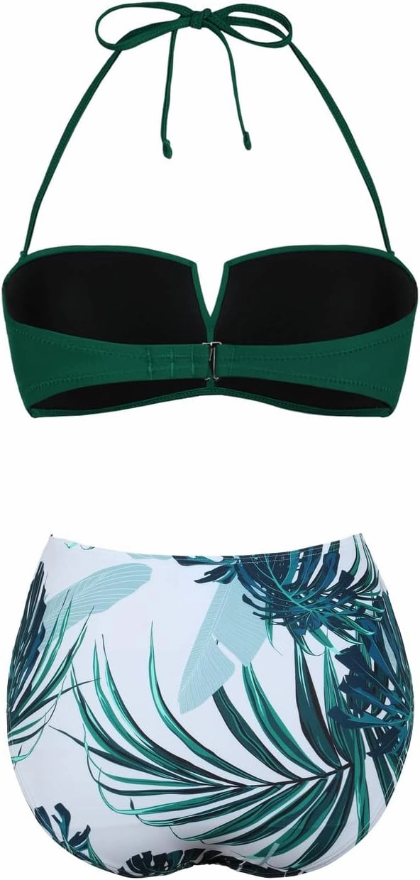 Hilor Bandeau Two Piece Bathing Suits for Women with Strap Retro High Waisted Swimsuits Sexy Push Up Bikini Swimwear