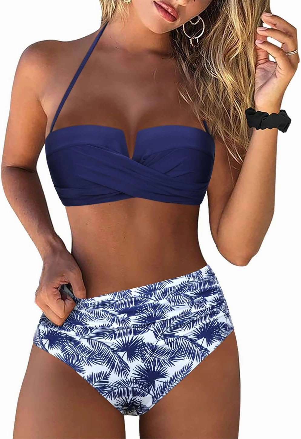 Hilor Bandeau Two Piece Bathing Suits for Women with Strap Retro High Waisted Swimsuits Sexy Push Up Bikini Swimwear