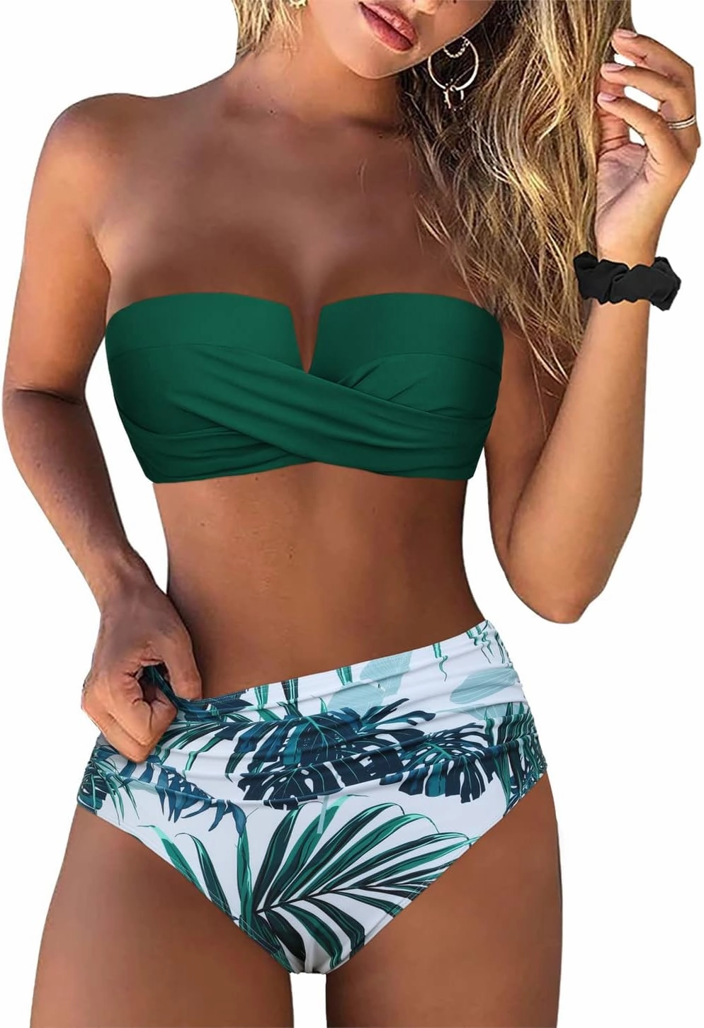 Hilor Bandeau Two Piece Bathing Suits for Women with Strap Retro High Waisted Swimsuits Sexy Push Up Bikini Swimwear