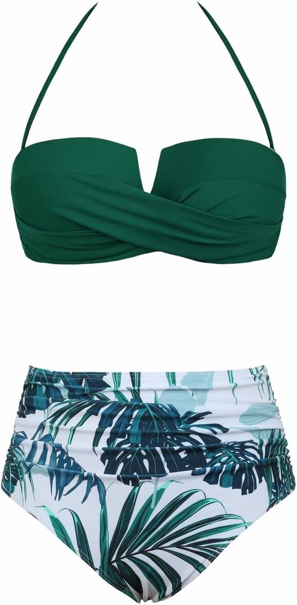 Hilor Bandeau Two Piece Bathing Suits for Women with Strap Retro High Waisted Swimsuits Sexy Push Up Bikini Swimwear