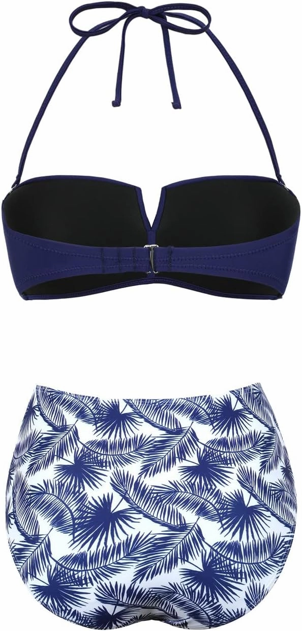Hilor Bandeau Two Piece Bathing Suits for Women with Strap Retro High Waisted Swimsuits Sexy Push Up Bikini Swimwear