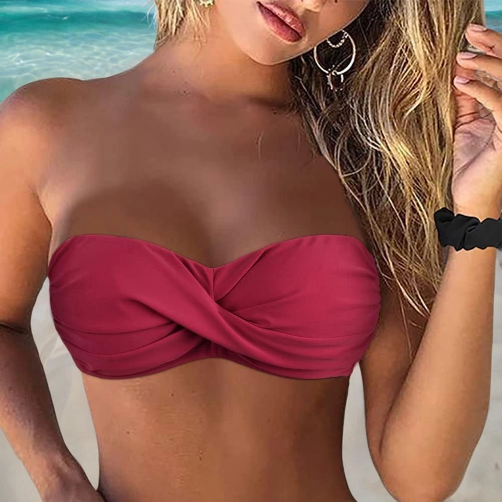 Hilor Women's Strapless Bandeau Bikini Top Halter Swimsuits Twist Push Up Bathing Suits Swim Tops