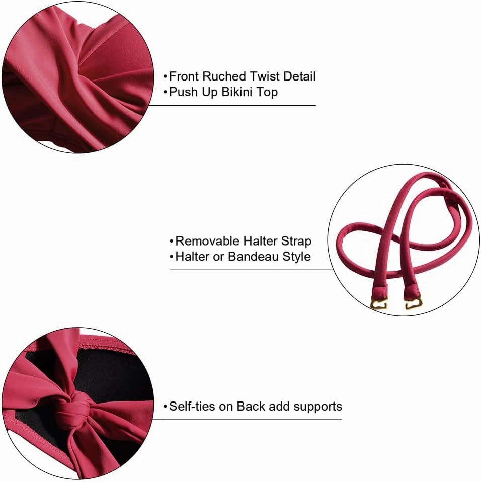 Hilor Women's Strapless Bandeau Bikini Top Halter Swimsuits Twist Push Up Bathing Suits Swim Tops