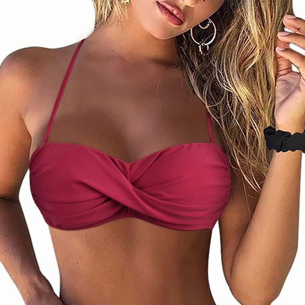 Hilor Women's Strapless Bandeau Bikini Top Halter Swimsuits Twist Push Up Bathing Suits Swim Tops