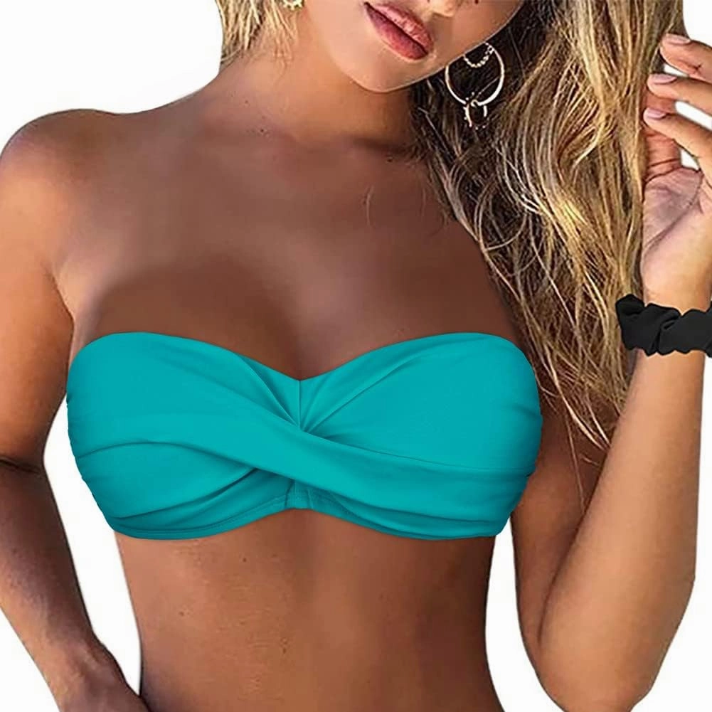 Hilor Women's Strapless Bandeau Bikini Top Halter Swimsuits Twist Push Up Bathing Suits Swim Tops