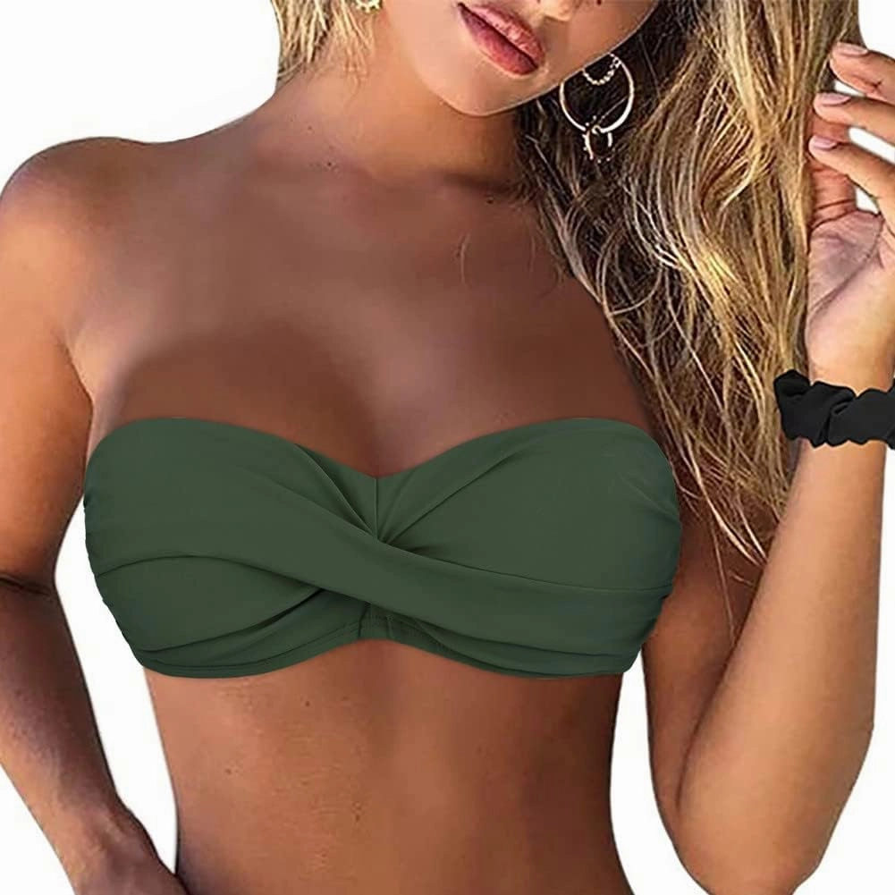 Hilor Women's Strapless Bandeau Bikini Top Halter Swimsuits Twist Push Up Bathing Suits Swim Tops