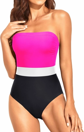 Holipick Strapless Bandeau One Piece Swimsuits Color Block for Women Full Coverage Bathing Suits Halter Swimwear