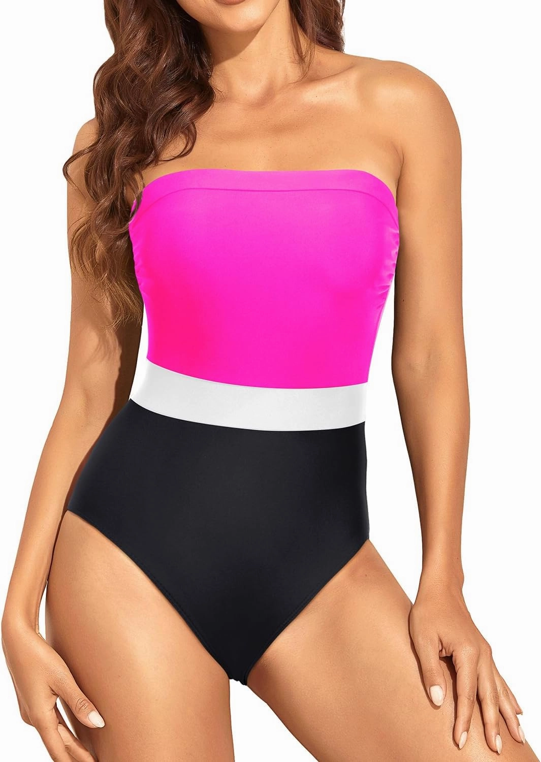 Holipick Strapless Bandeau One Piece Swimsuits Color Block for Women Full Coverage Bathing Suits Halter Swimwear