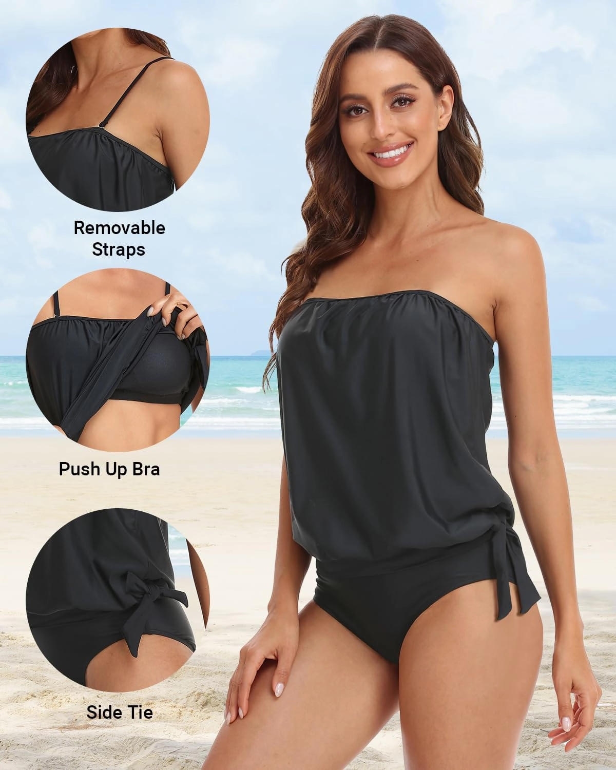 Holipick Strapless Tankini Tops for Women Swimwear Top ONLY Bandeau Bathing Suit Blouson Swimsuit No Bottom