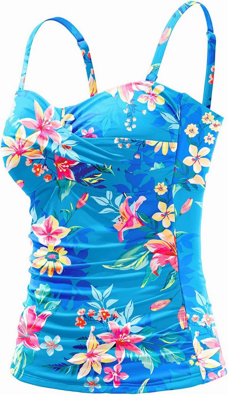 Holipick Tankini Top for Women Twist Front Bandeau Swimsuit Tummy Control Bathing Suit Top Only No Bottom