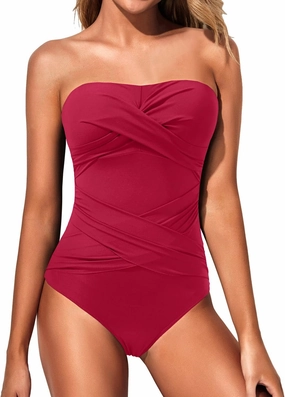 Holipick Women Strapless One Piece Swimsuits Tummy Control Bandeau Bathing Suits Retro Slimming Swimwear
