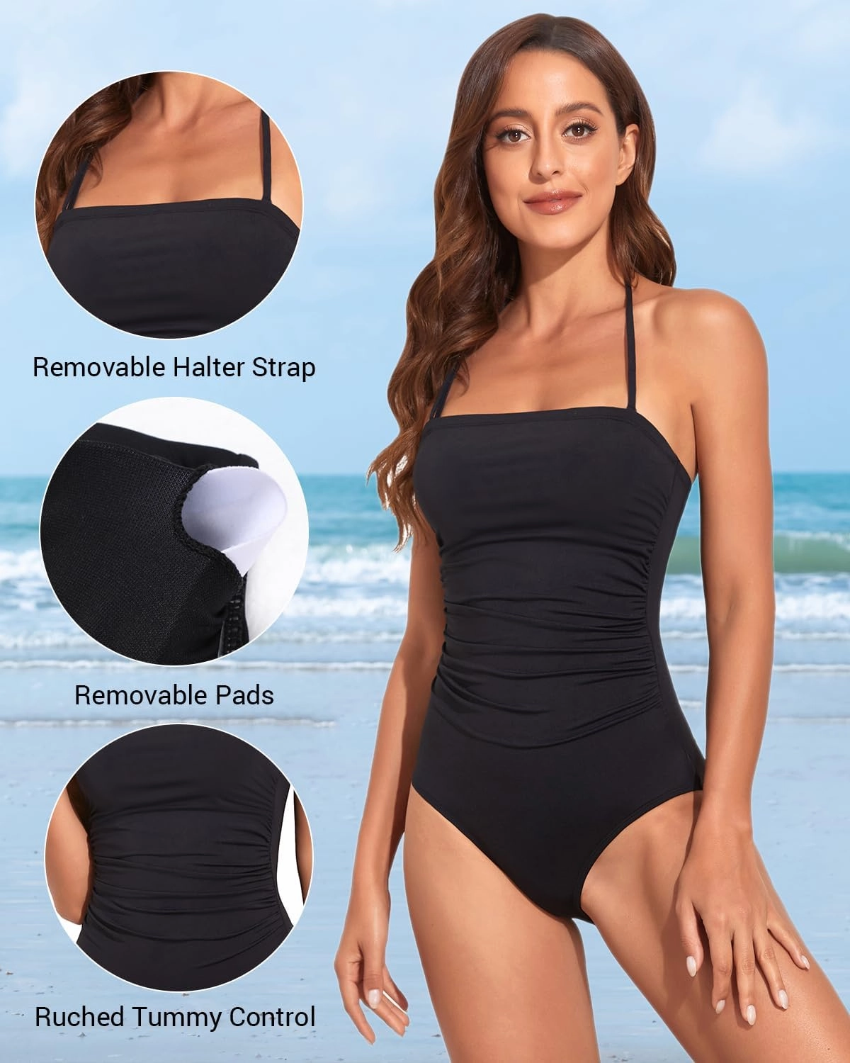 Holipick Women Tummy Control One Piece Swimsuits Strapless Bandeau Bathing Suits Slimming Halter Swimwear