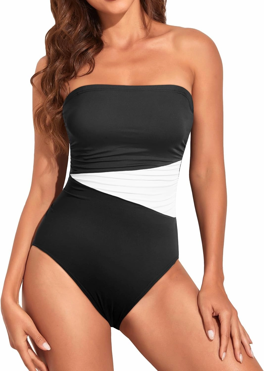 Holipick Women Tummy Control One Piece Swimsuits Strapless Bandeau Bathing Suits Slimming Halter Swimwear