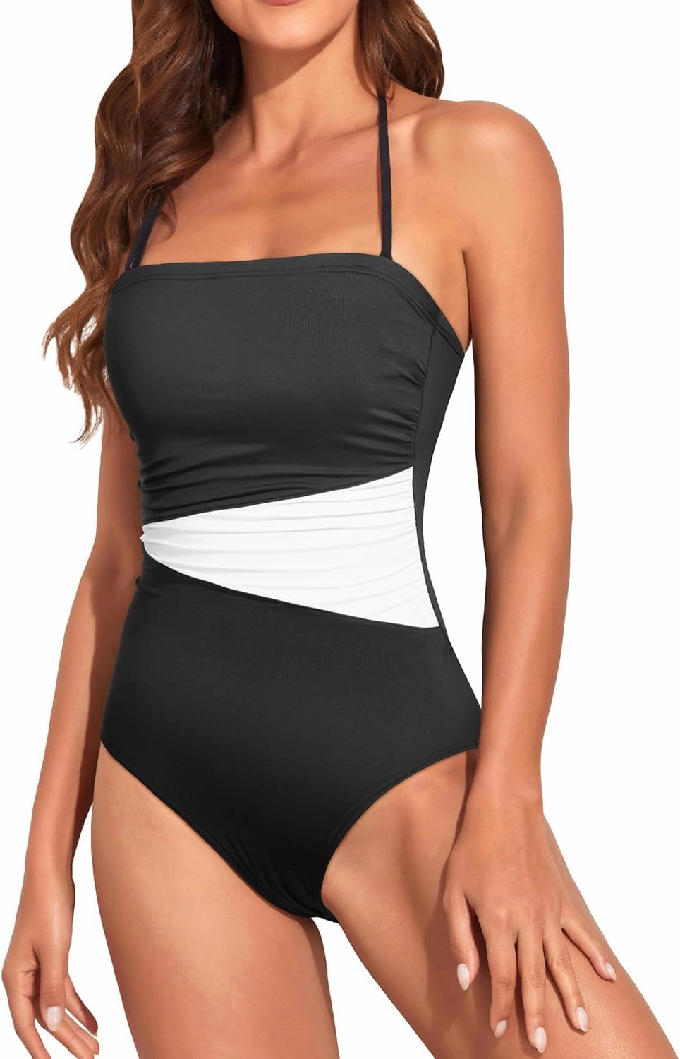 Holipick Women Tummy Control One Piece Swimsuits Strapless Bandeau Bathing Suits Slimming Halter Swimwear