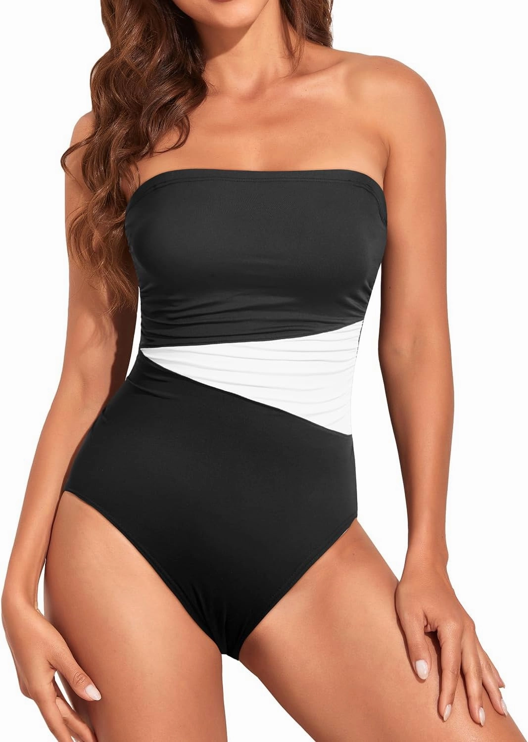 Holipick Women Tummy Control One Piece Swimsuits Strapless Bandeau Bathing Suits Slimming Halter Swimwear