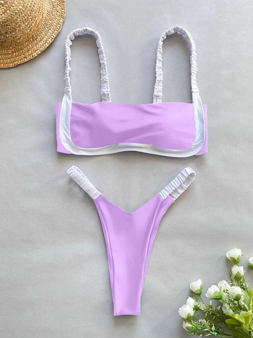HYTENSUN Women's Bandeau Cheeky Bikini Colorblock Square Neck High Cut Swimsuits Two Pieces Bathing Suits