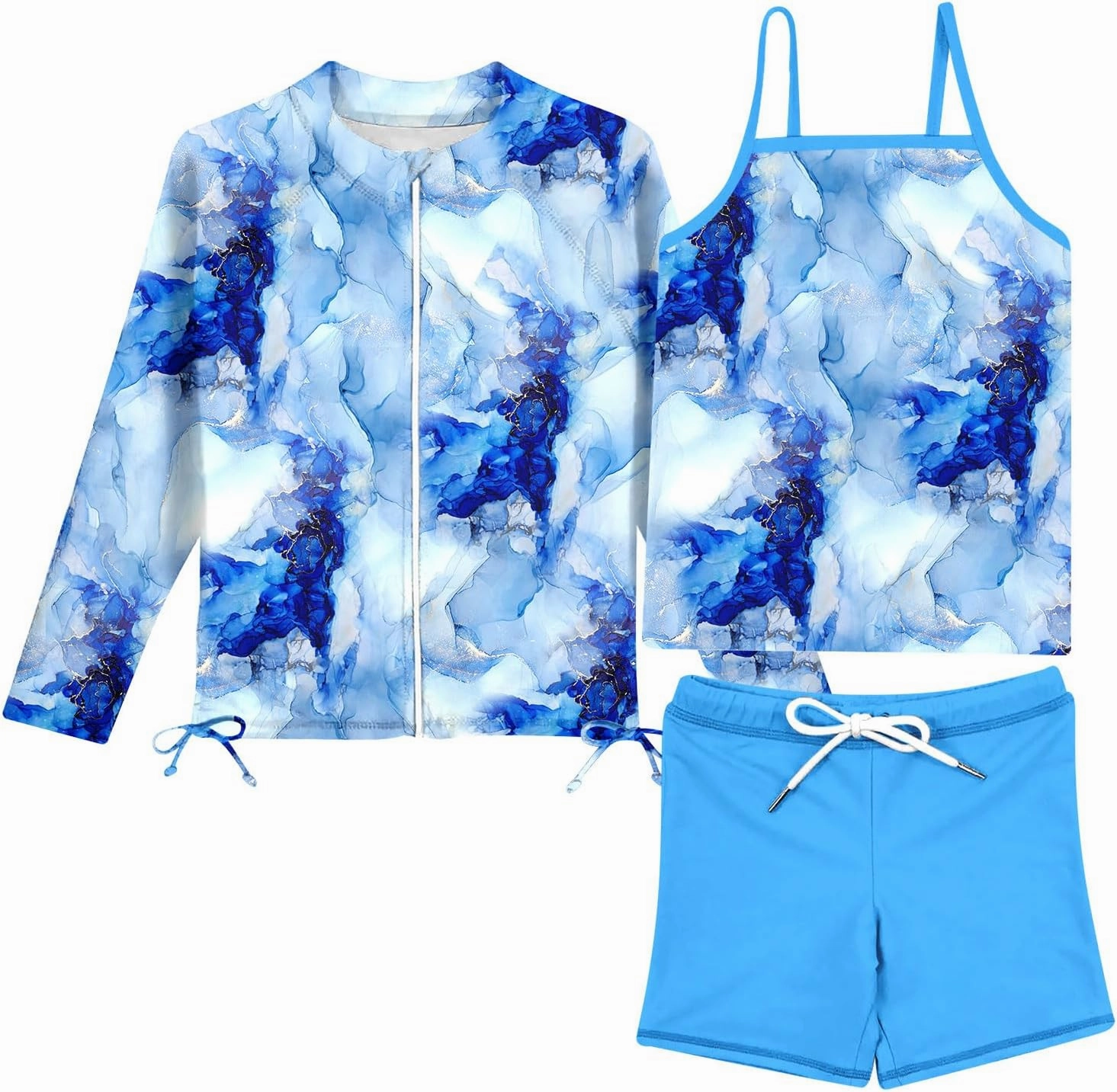 Idgreatim 5-12 Years Girls Swimsuits Long Sleeve Rash Guard Bathing Suit 3 Piece Tankini Sets